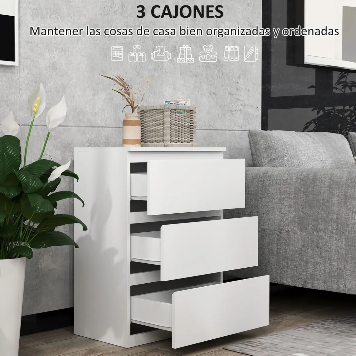 Cómoda Dinamarca Homcom 3 cajones blanco 75x55x34 cm