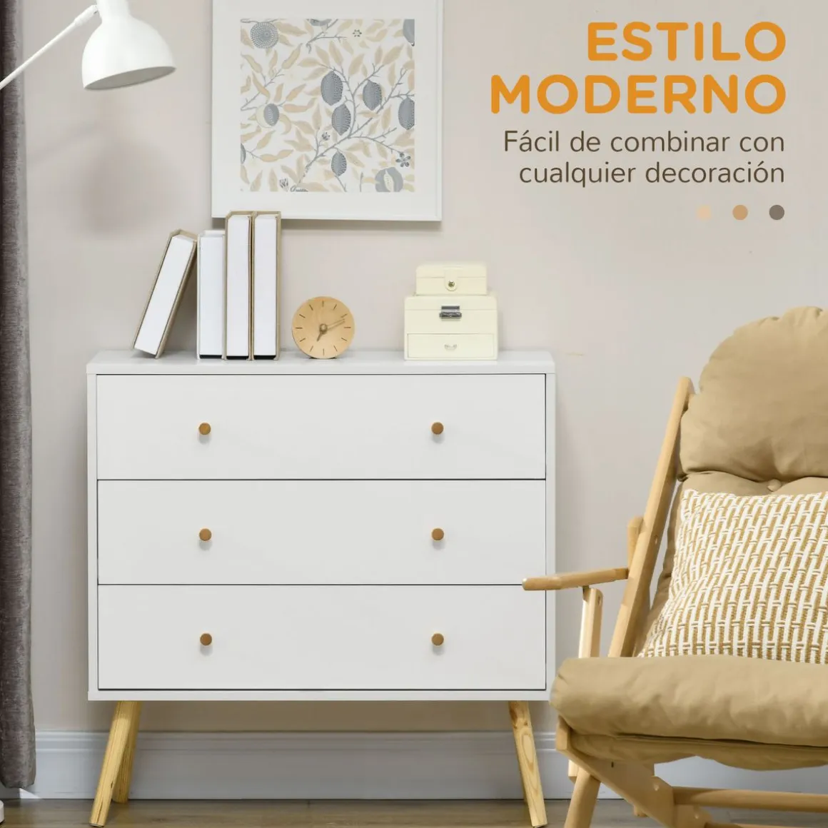 Cómoda Dominica Homcom 3 cajones blanco 80x80x30 cm