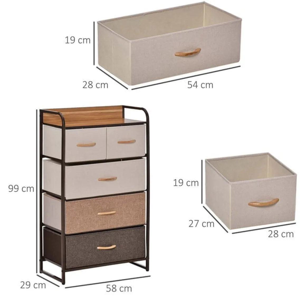 Cómoda Homcom 5 cajones de lino marrón 99x58x29 cm