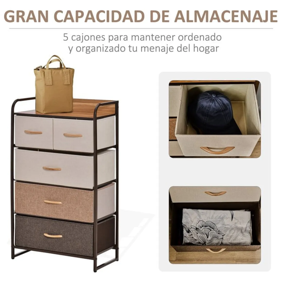 Cómoda Homcom 5 cajones de lino marrón 99x58x29 cm