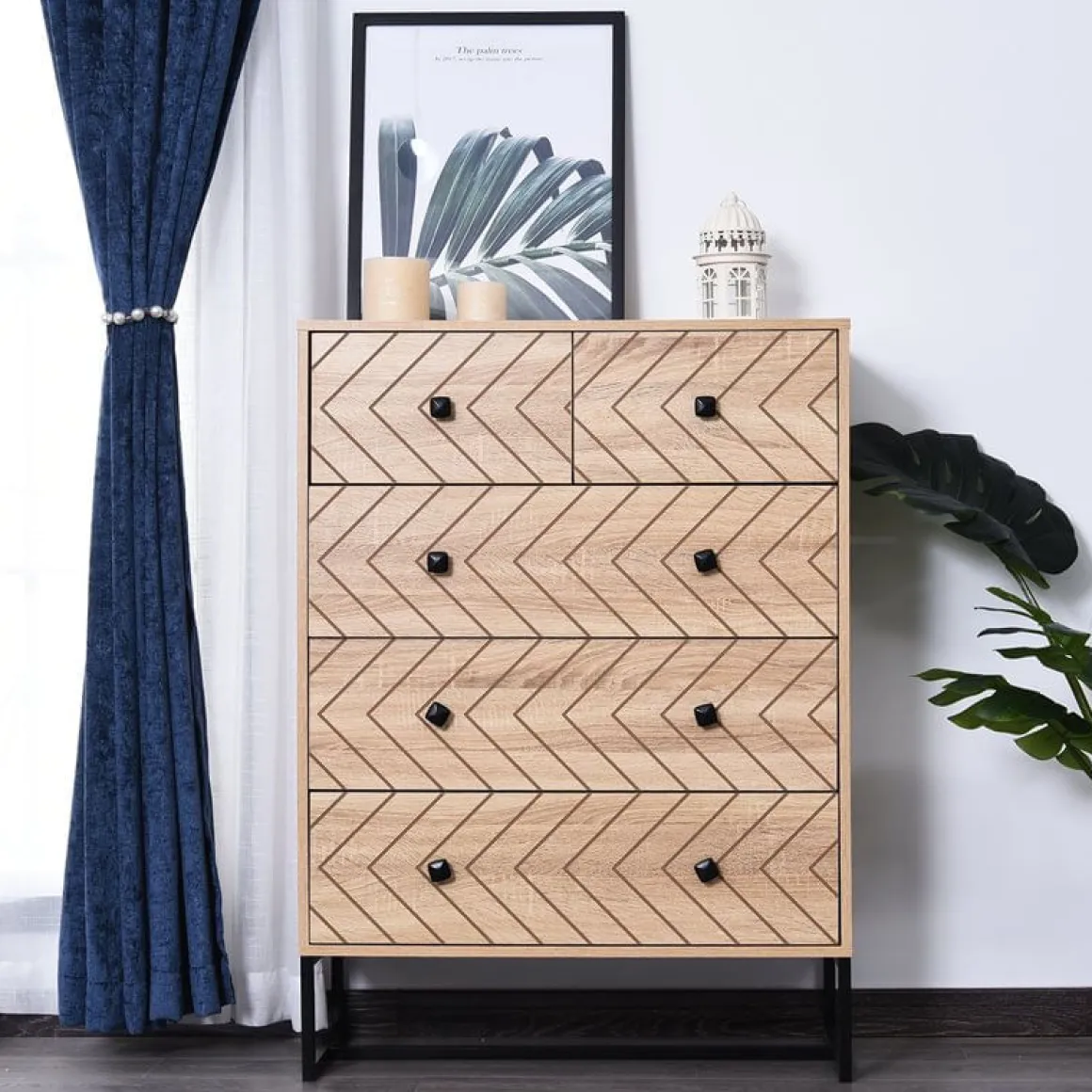 Cómoda Homcom 5 cajones diseño geométrico natural/negro 110x80x39,5 cm