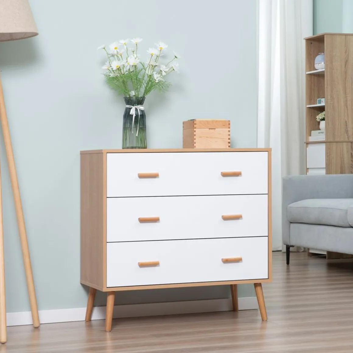 Cómoda Homcom 3 cajones natural/blanco 80x80x39 cm