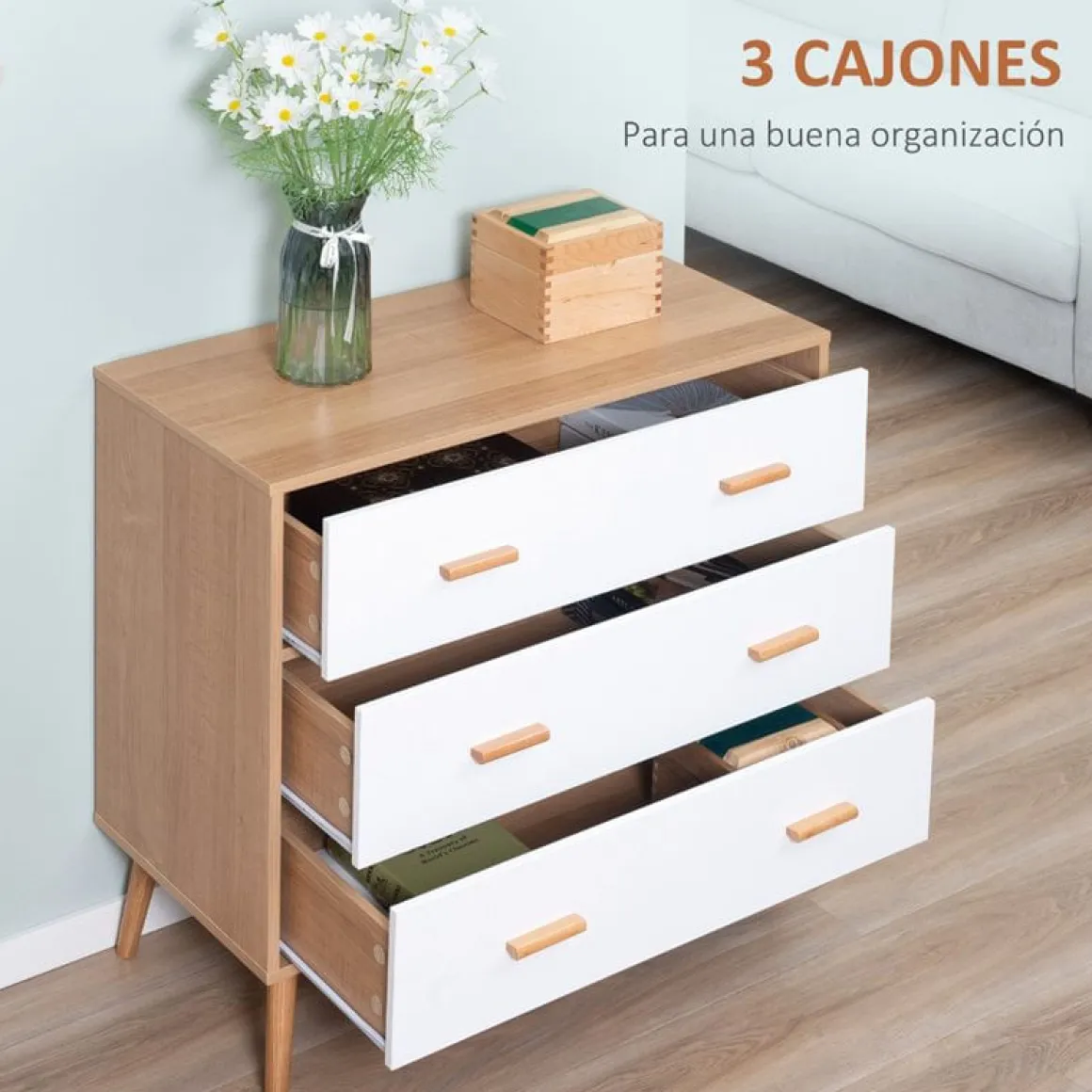 Cómoda Homcom 3 cajones natural/blanco 80x80x39 cm