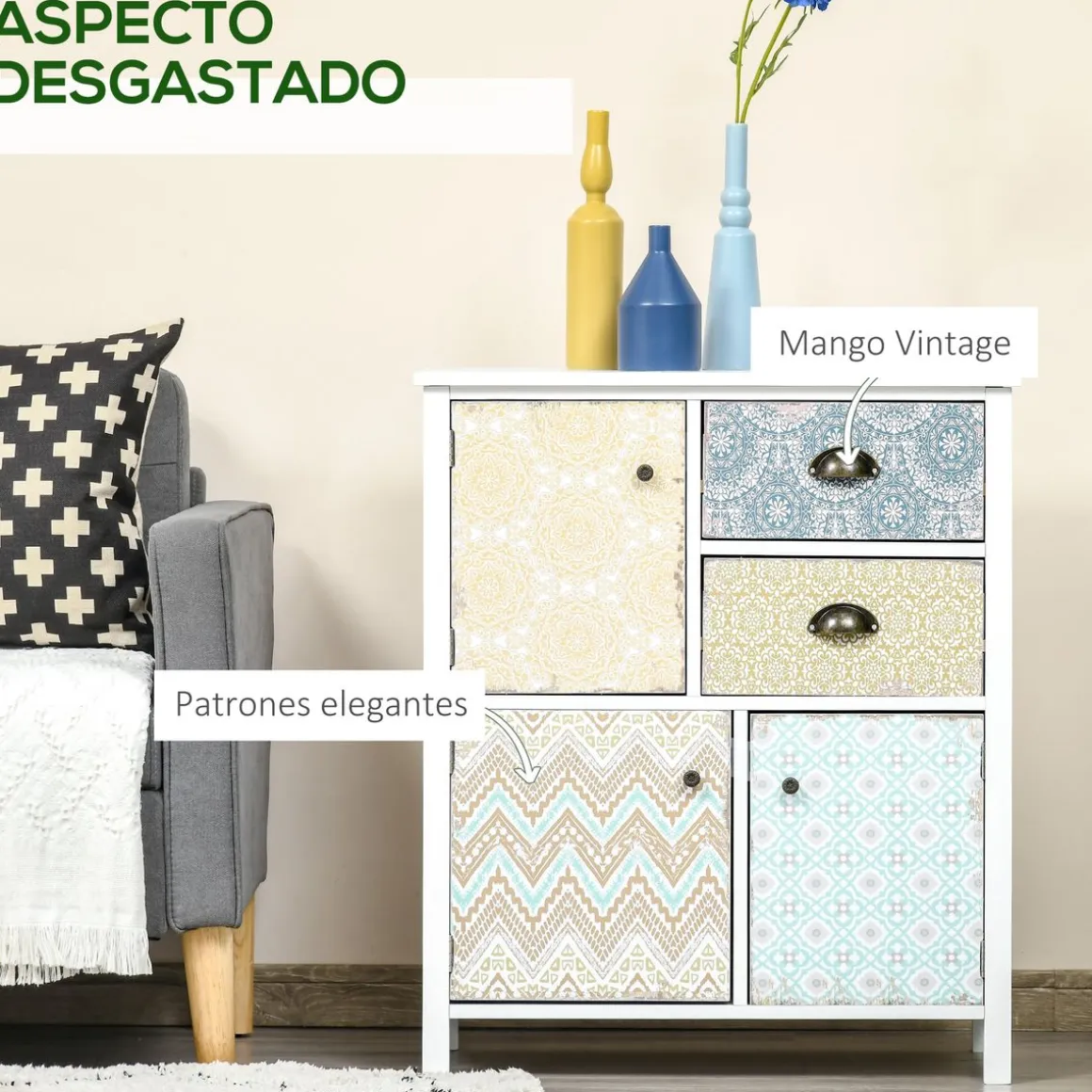 Cómoda Hortensia Homcom 2 cajones + 3 armarios blanco 80x68x34 cm