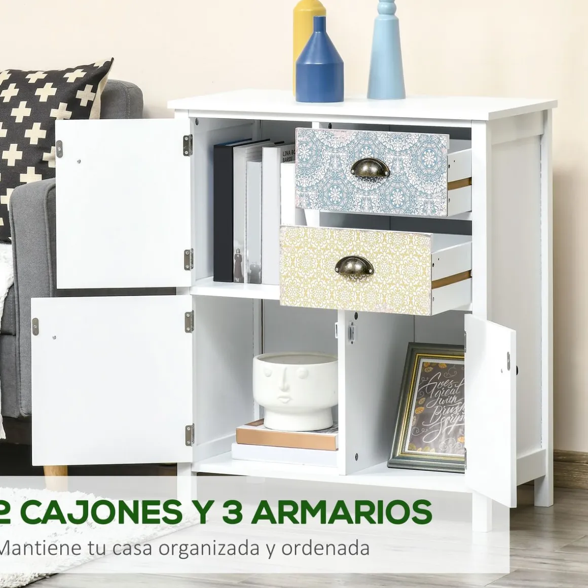 Cómoda Hortensia Homcom 2 cajones + 3 armarios blanco 80x68x34 cm