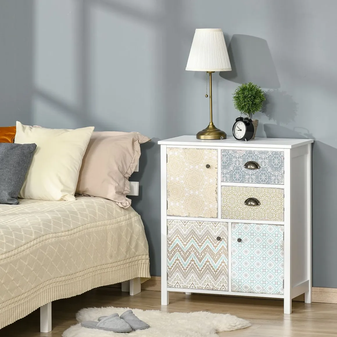 Cómoda Hortensia Homcom 2 cajones + 3 armarios blanco 80x68x34 cm