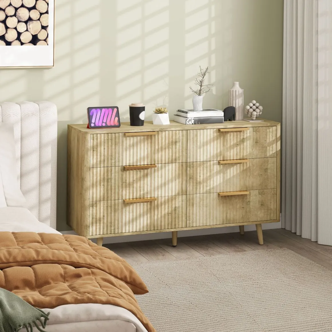 Cómoda Kira Homcom 6 cajones con tiradores roble 62x105x35 cm