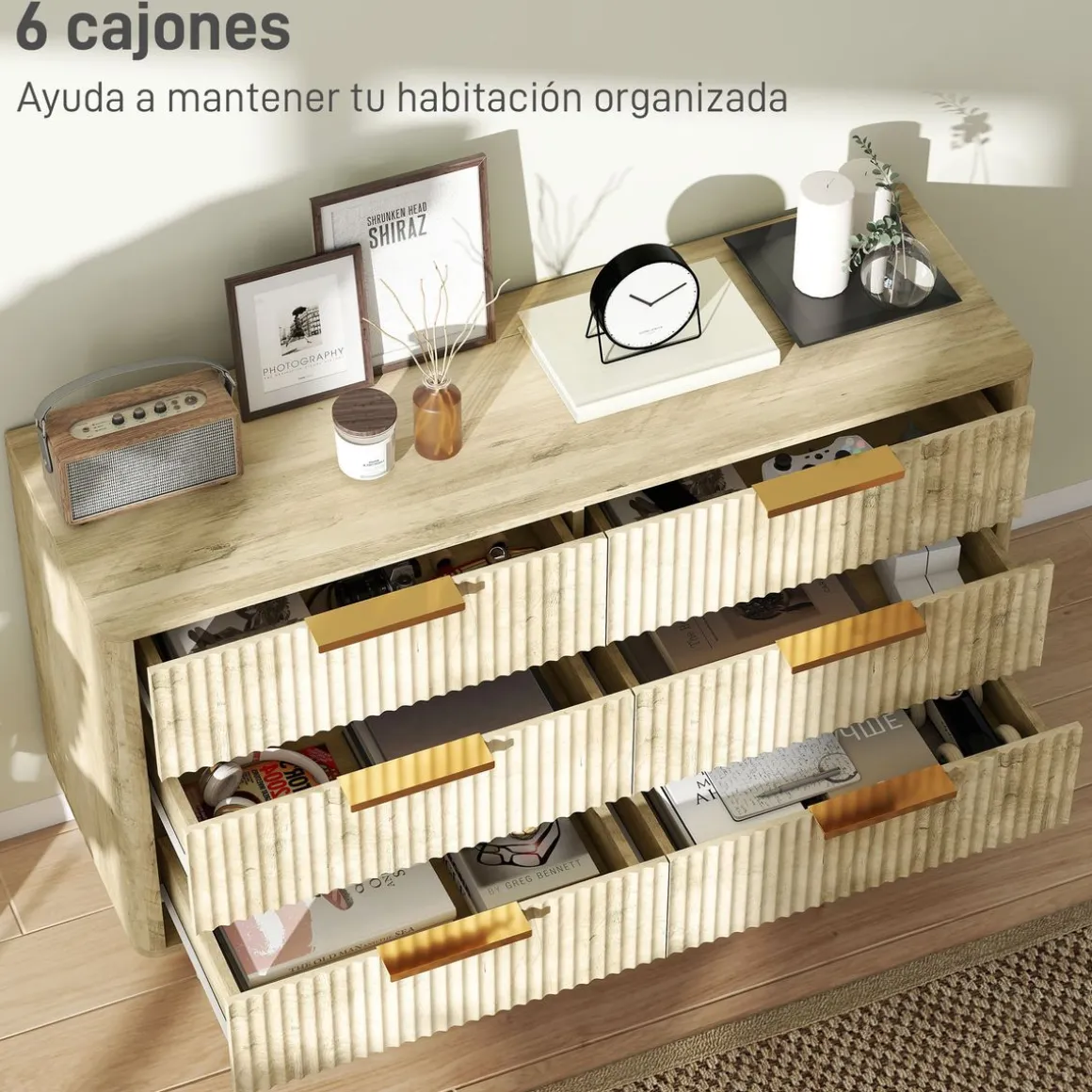 Cómoda Kira Homcom 6 cajones con tiradores roble 62x105x35 cm