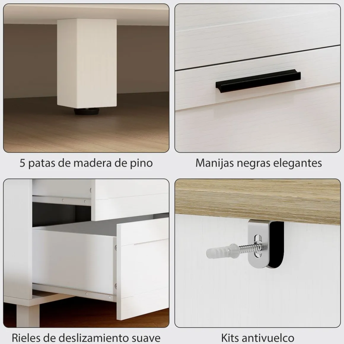 Cómoda Lilo Homcom 6 cajones con tiradores blanco/natural 71x120x38 cm