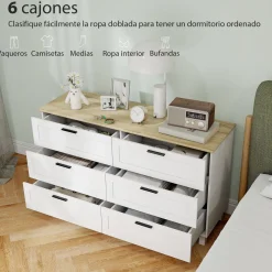 Cómoda Lilo Homcom 6 cajones con tiradores blanco/natural 71x120x38 cm