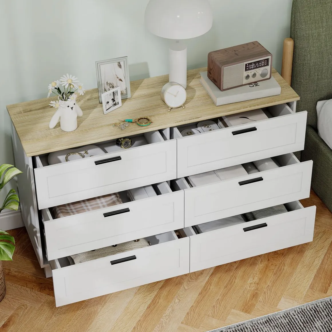 Cómoda Lilo Homcom 6 cajones con tiradores blanco/natural 71x120x38 cm