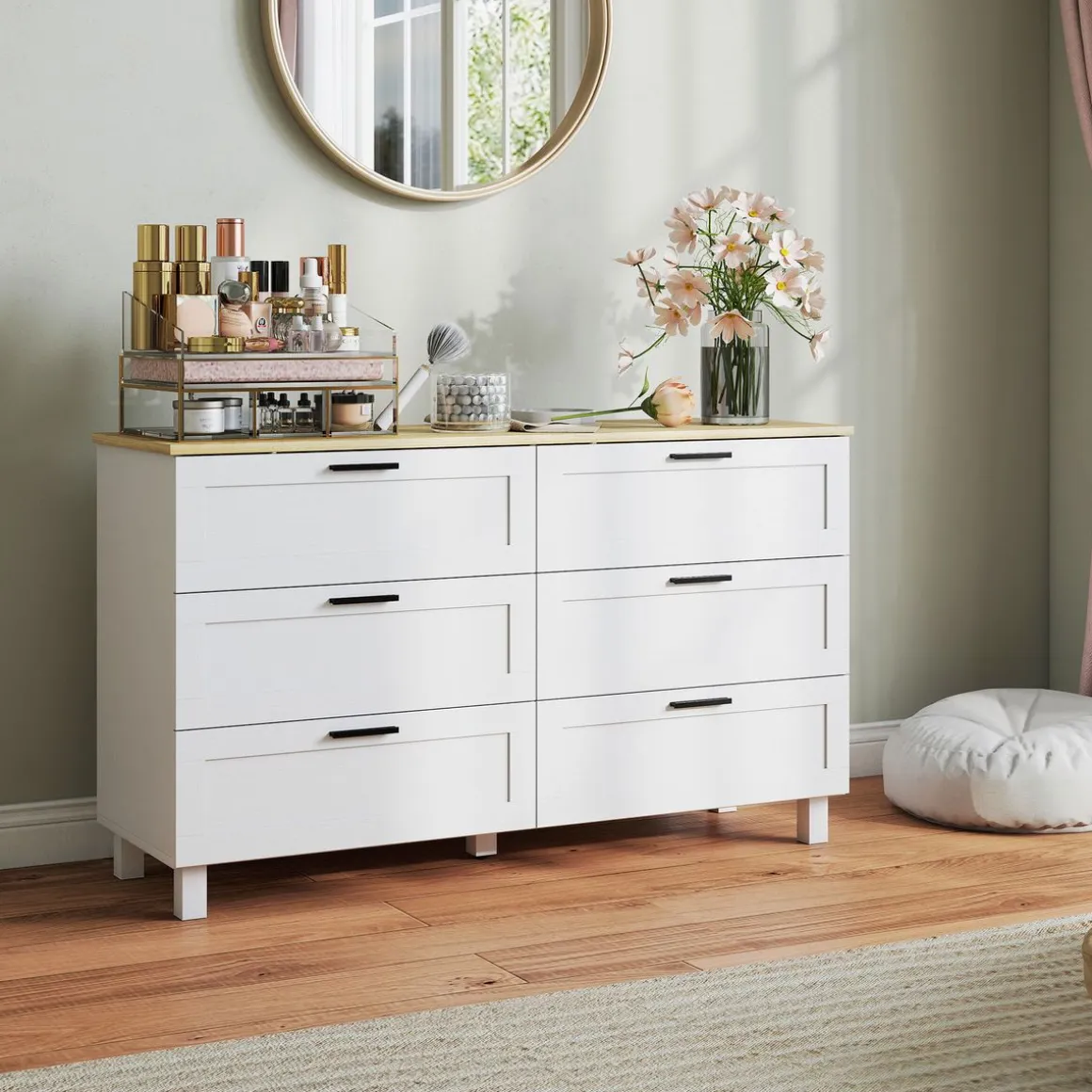 Cómoda Lilo Homcom 6 cajones con tiradores blanco/natural 71x120x38 cm