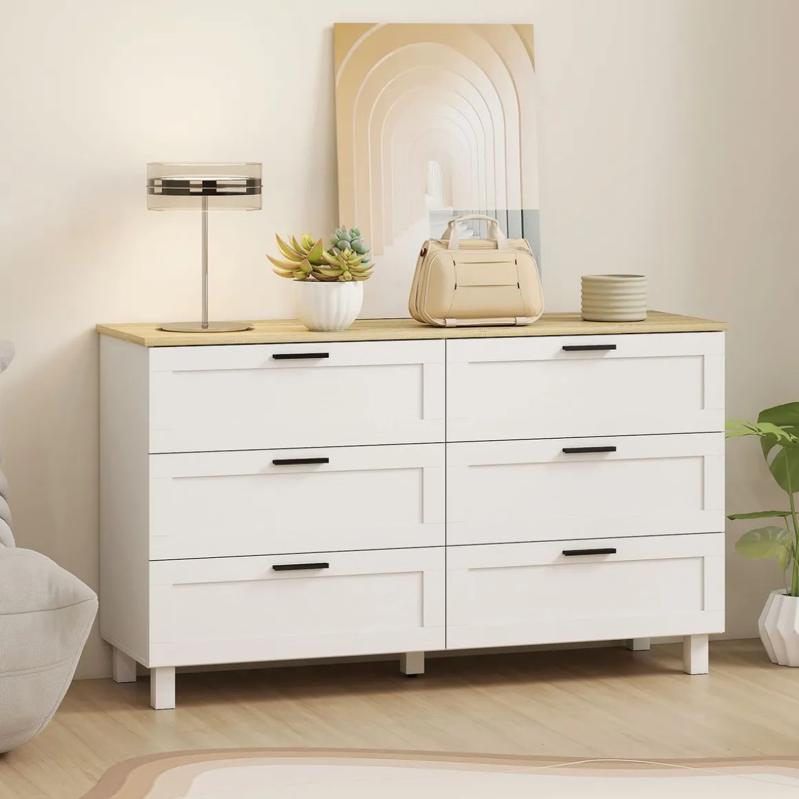 Cómoda Lilo Homcom 6 cajones con tiradores blanco/natural 71x120x38 cm