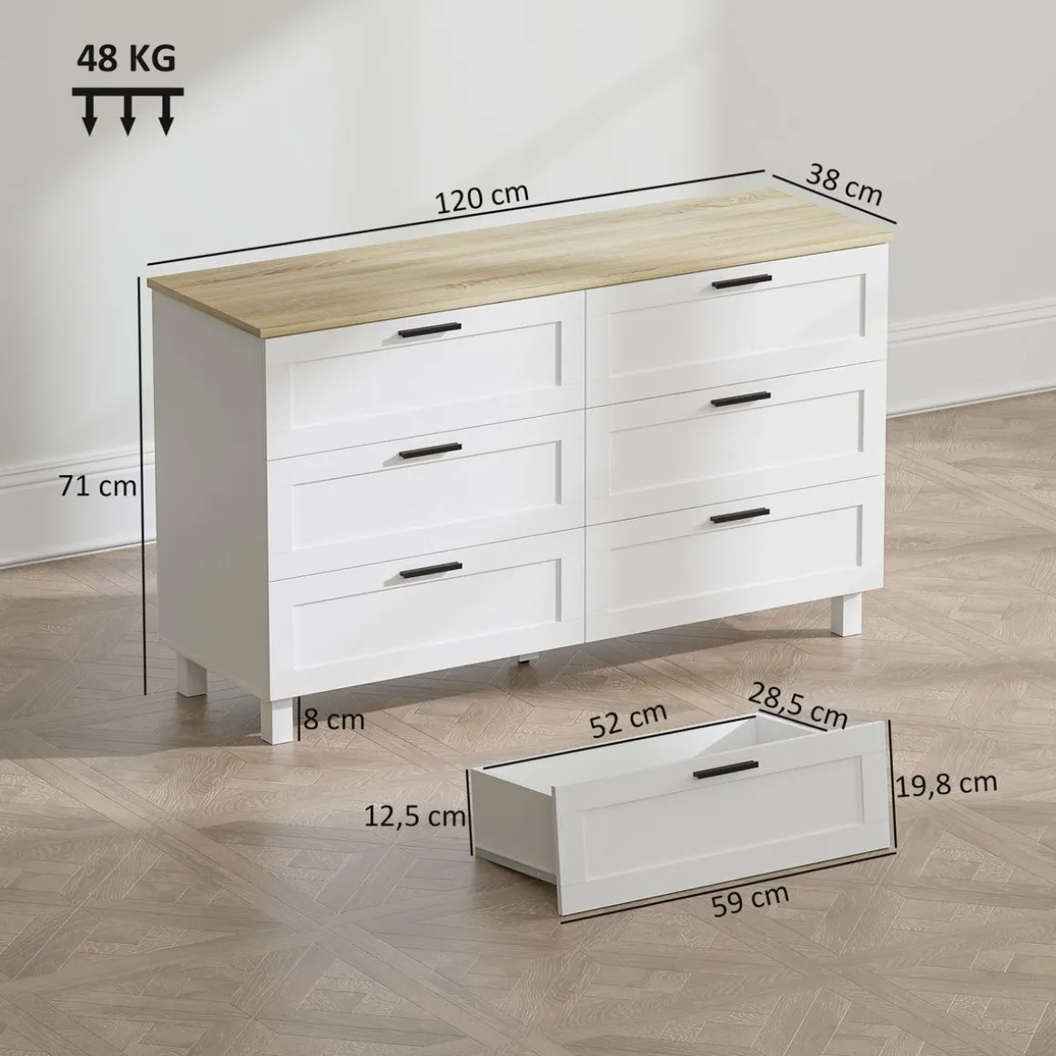 Cómoda Lilo Homcom 6 cajones con tiradores blanco/natural 71x120x38 cm