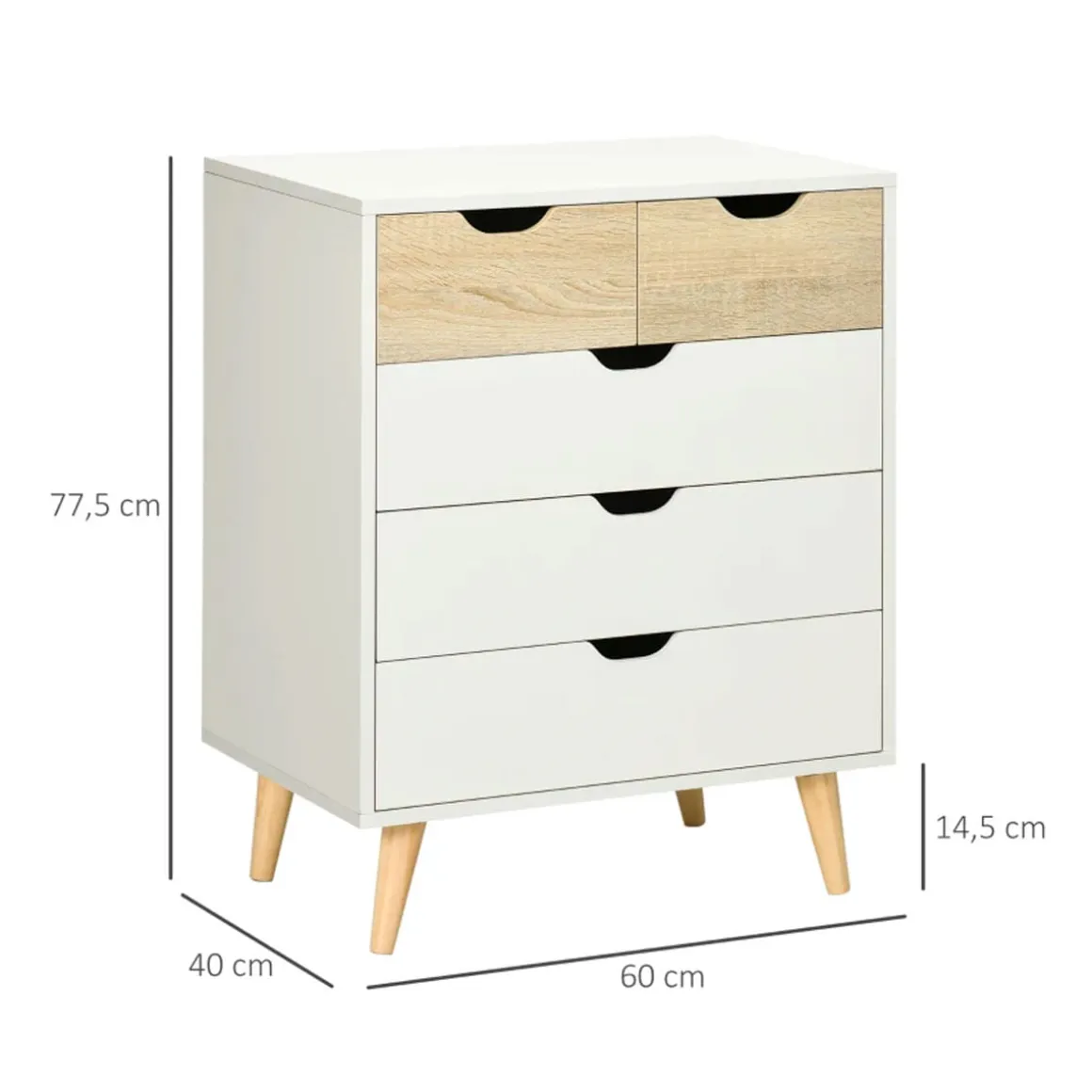 Cómoda Lisa Homcom 5 cajones diseño minimalista natural/blanco 77,5x60x40 cm