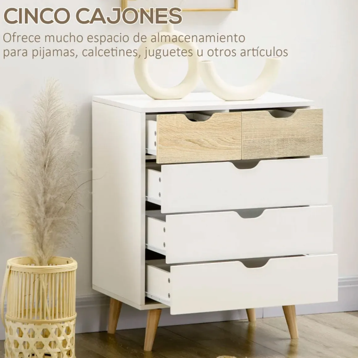 Cómoda Lisa Homcom 5 cajones diseño minimalista natural/blanco 77,5x60x40 cm