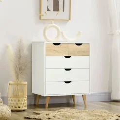 Cómoda Lisa Homcom 5 cajones diseño minimalista natural/blanco 77,5x60x40 cm