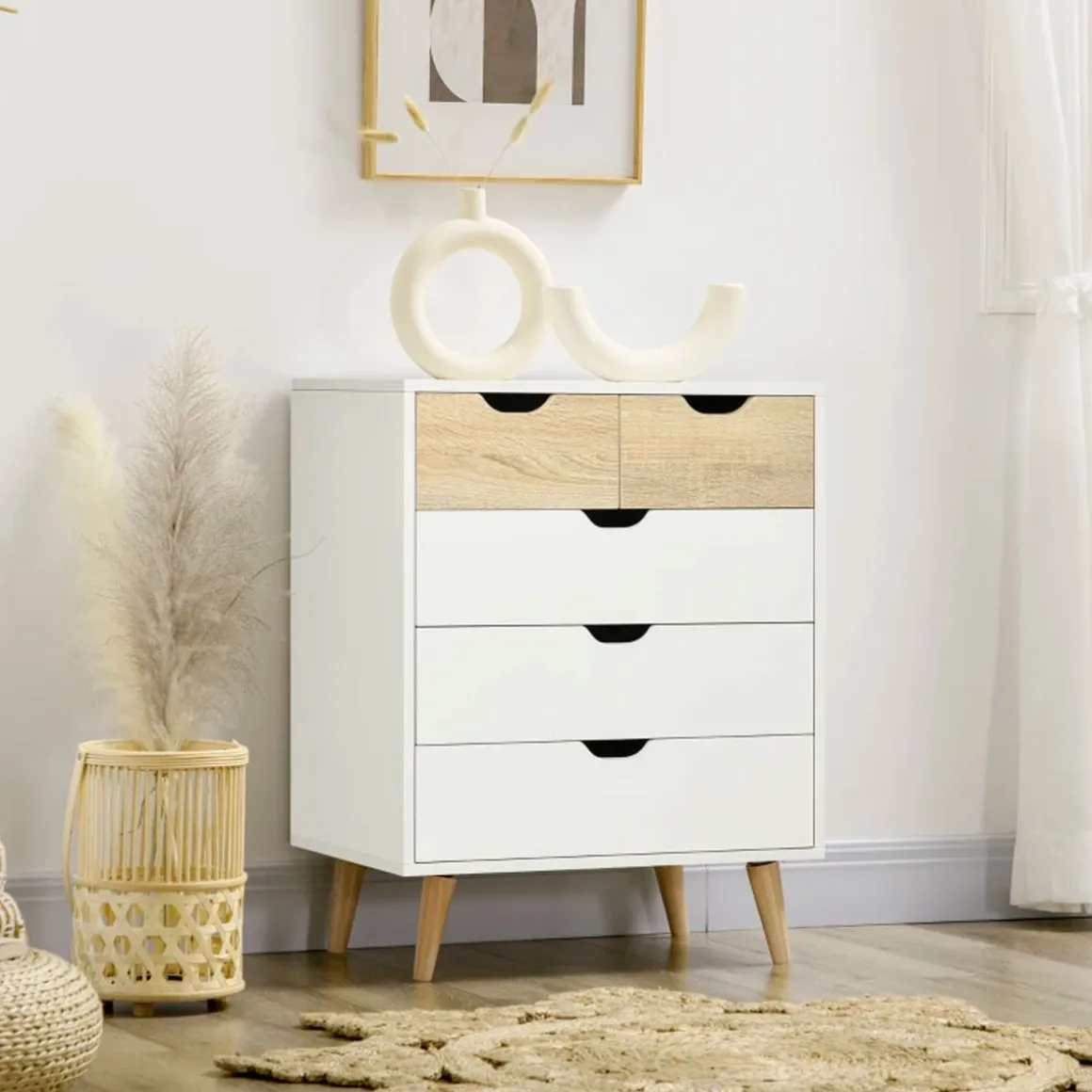Cómoda Lisa Homcom 5 cajones diseño minimalista natural/blanco 77,5x60x40 cm