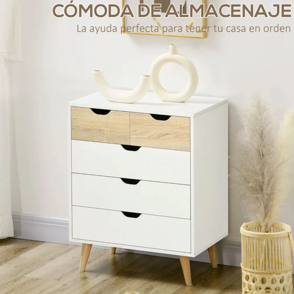 Cómoda Lisa Homcom 5 cajones diseño minimalista natural/blanco 77,5x60x40 cm