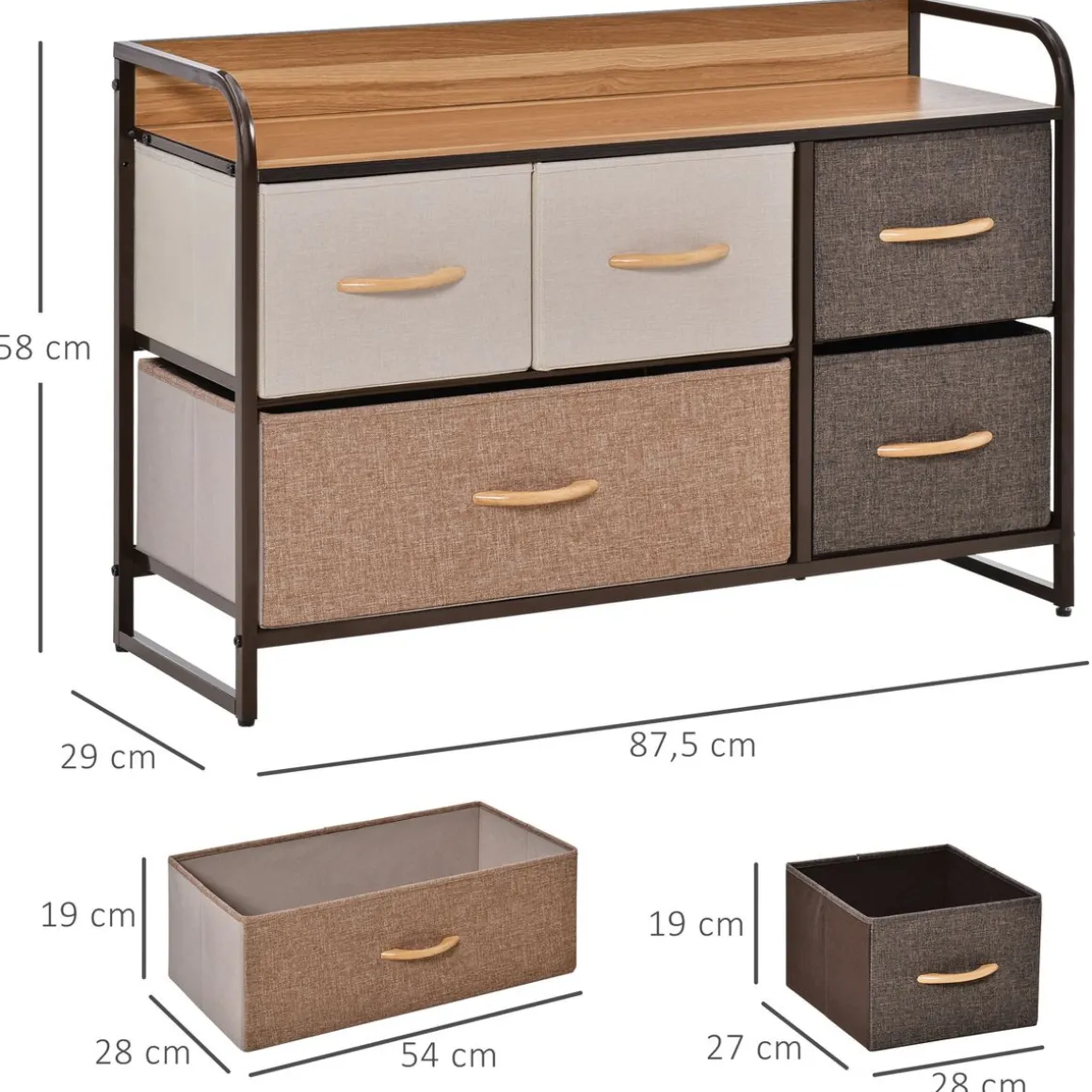Cómoda Mehi Homcom 5 cajones de tela plegables marrón/beige 58x87,5x29 cm