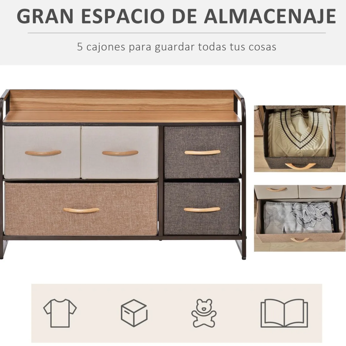Cómoda Mehi Homcom 5 cajones de tela plegables marrón/beige 58x87,5x29 cm