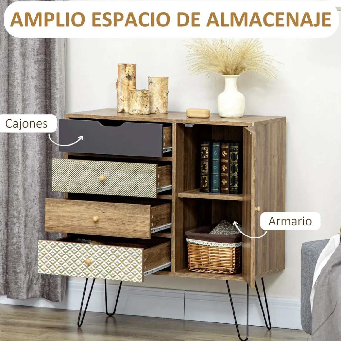 Cómoda Milla Homcom 4 cajones + armario marrón 86x79x39 cm