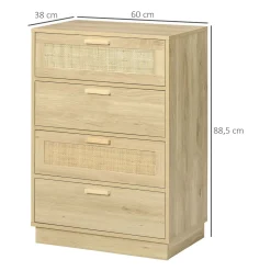 Cómoda Nassau Homcom 4 cajones estilo cannage natural 88,5x60x38 cm