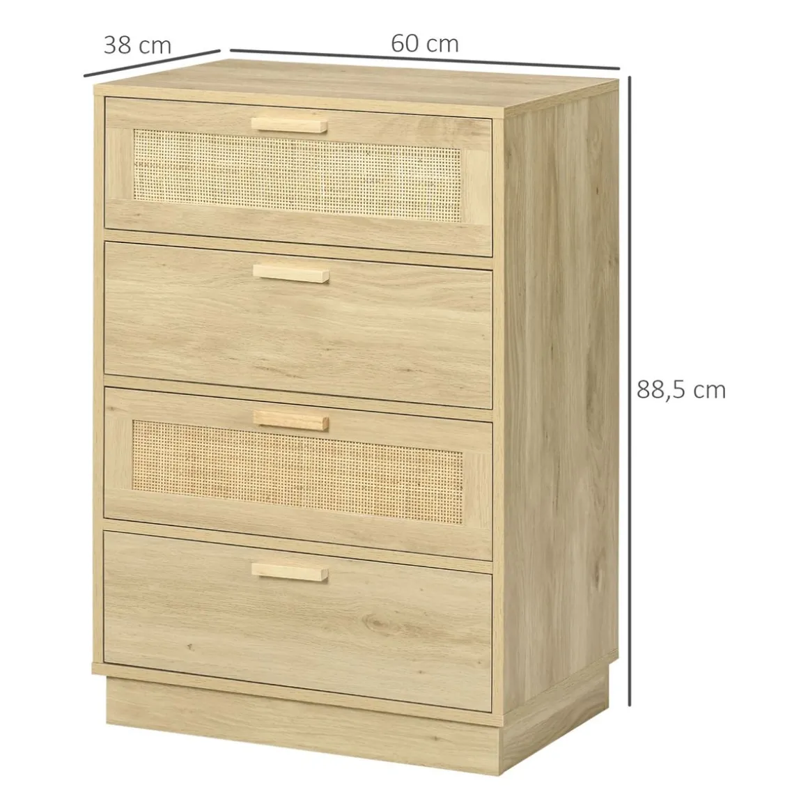 Cómoda Nassau Homcom 4 cajones estilo cannage natural 88,5x60x38 cm