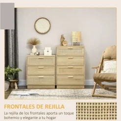 Cómoda Nassau Homcom 4 cajones estilo cannage natural 88,5x60x38 cm