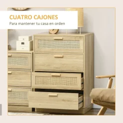 Cómoda Nassau Homcom 4 cajones estilo cannage natural 88,5x60x38 cm