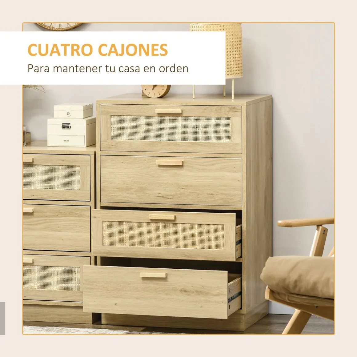 Cómoda Nassau Homcom 4 cajones estilo cannage natural 88,5x60x38 cm