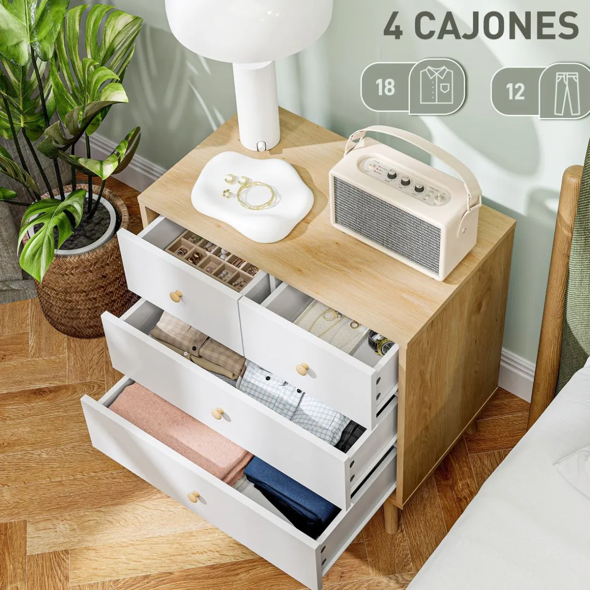 Cómoda Ónix Homcom 4 cajones blanco/natural 65x60x35 cm