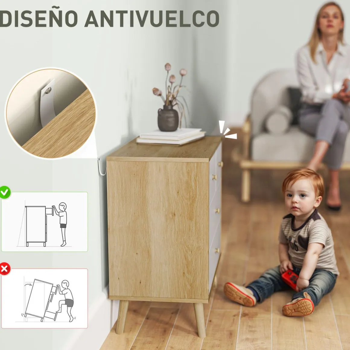 Cómoda Ónix Homcom 4 cajones blanco/natural 65x60x35 cm