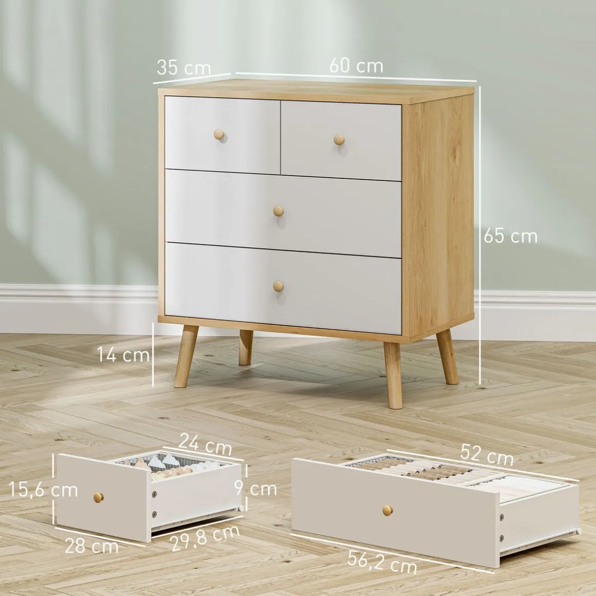 Cómoda Ónix Homcom 4 cajones blanco/natural 65x60x35 cm