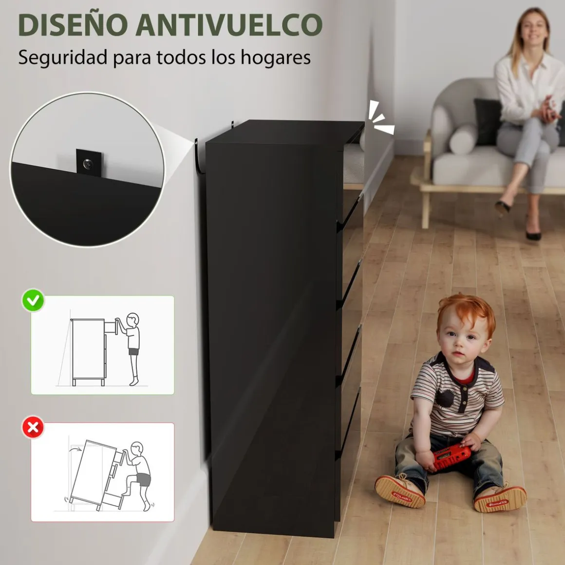 Cómoda Noche Homcom 5 cajones negro 100x55x34 cm