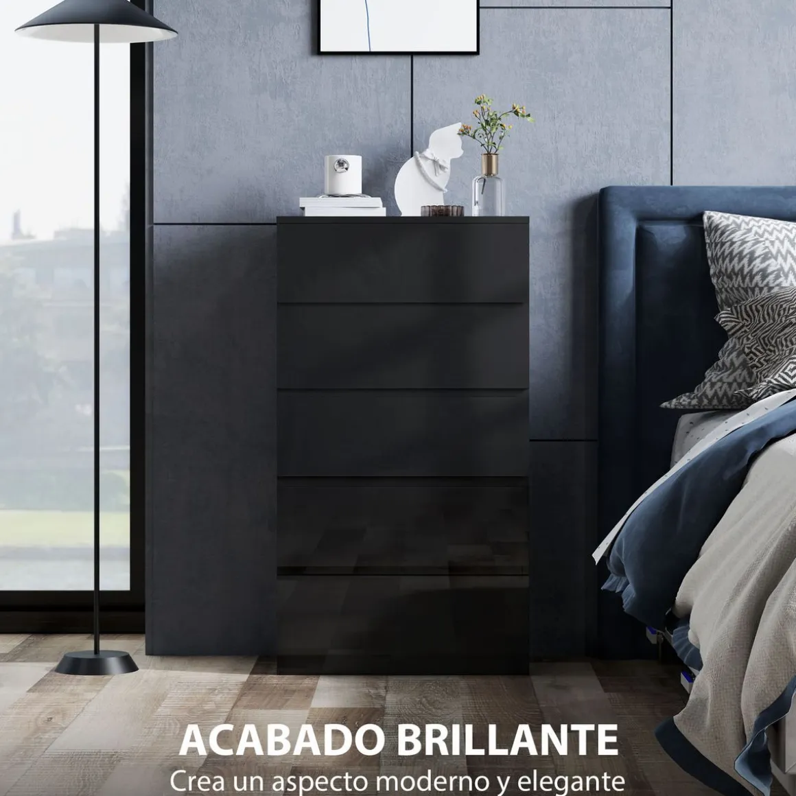 Cómoda Noche Homcom 5 cajones negro 100x55x34 cm