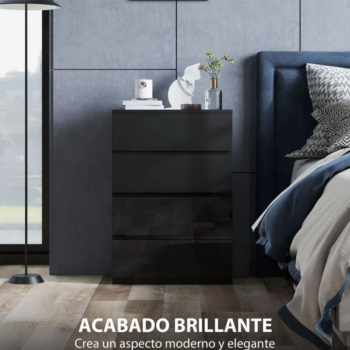 Cómoda Noche Homcom 4 cajones negro 80x55x34 cm