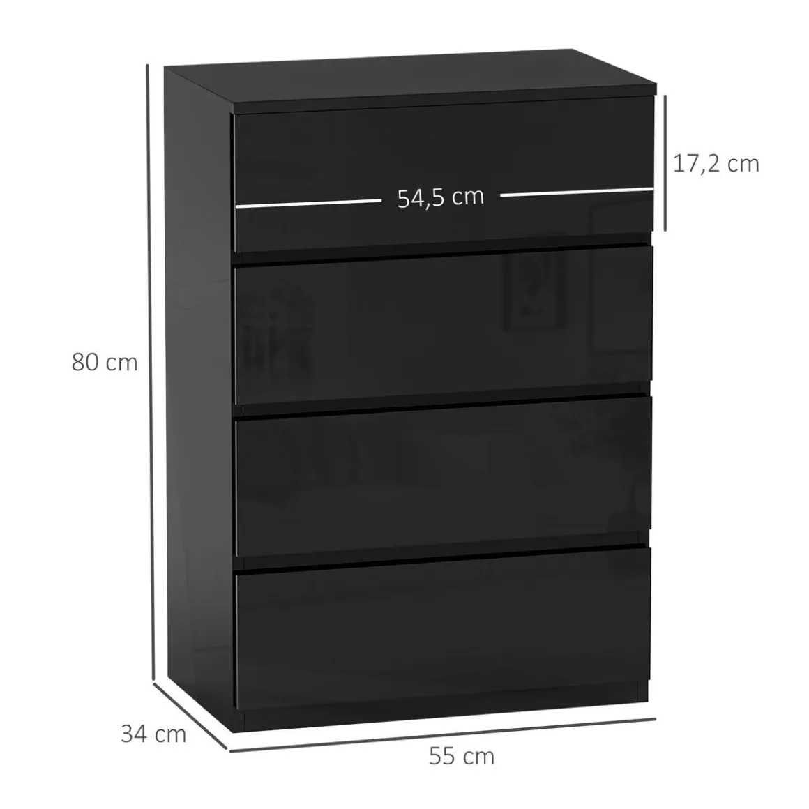 Cómoda Noche Homcom 4 cajones negro 80x55x34 cm