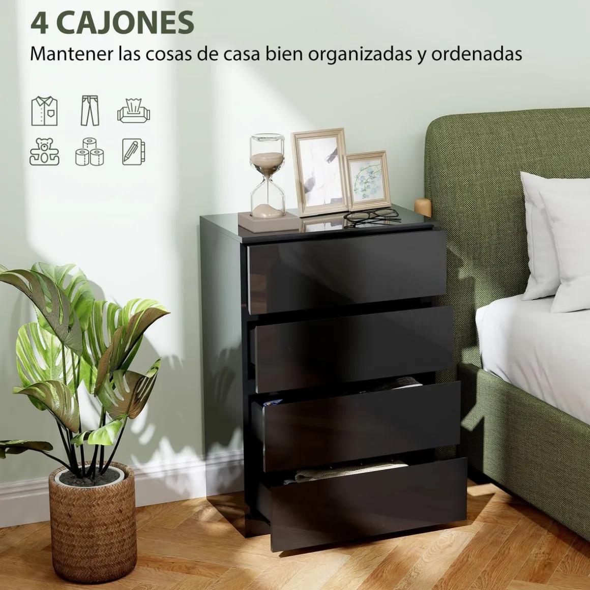 Cómoda Noche Homcom 4 cajones negro 80x55x34 cm