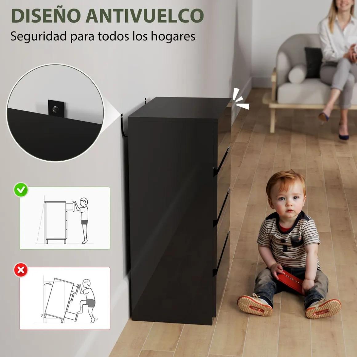 Cómoda Noche Homcom 4 cajones negro 80x55x34 cm