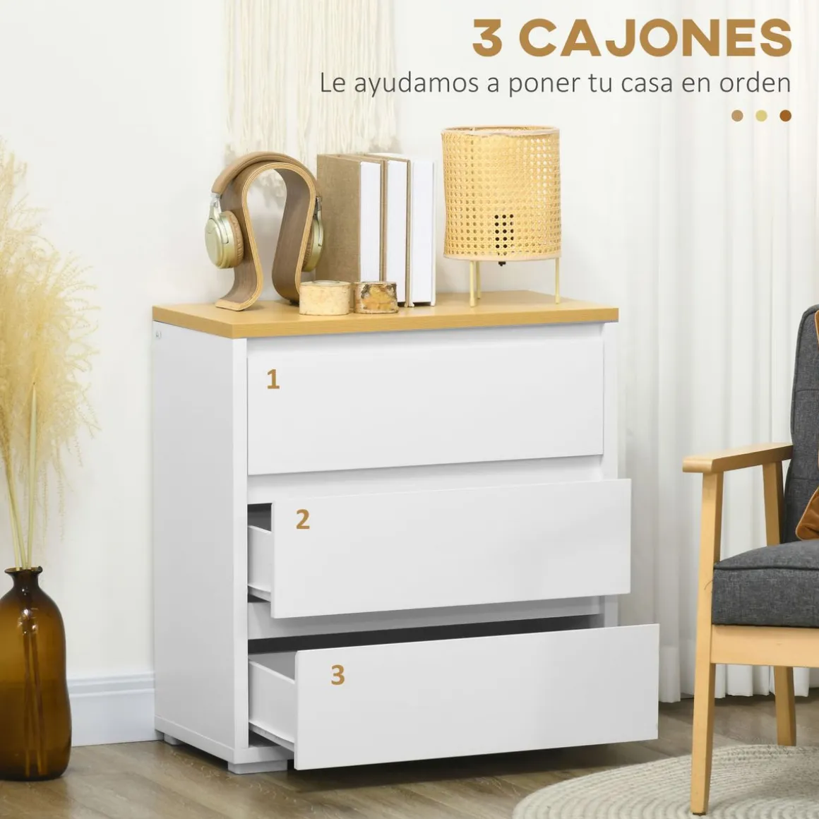 Cómoda Nube Homcom 3 cajones blanco/natural 75x70x37 cm
