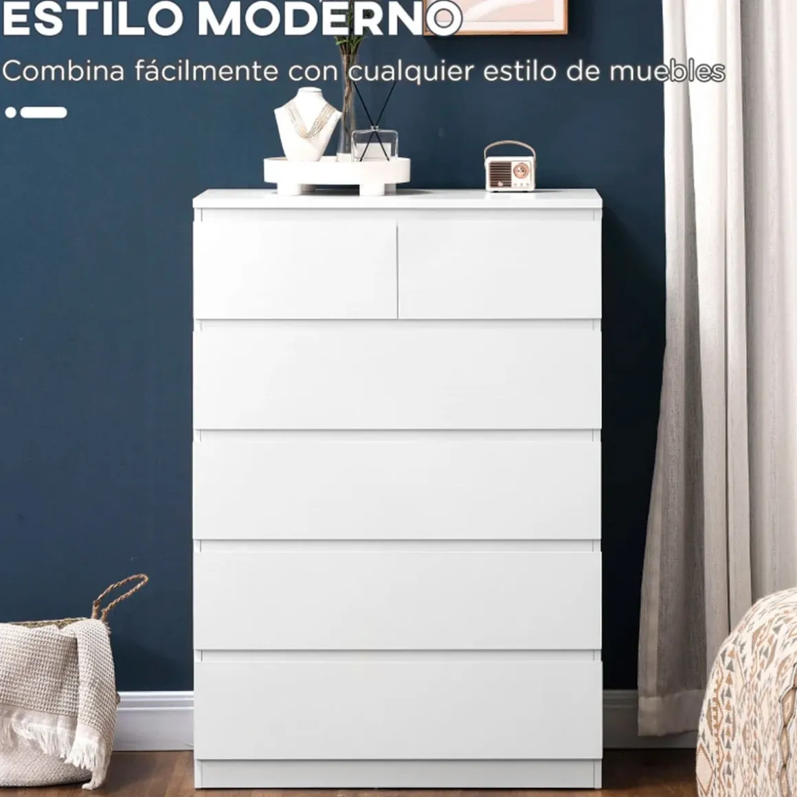 Cómoda Polinesia Homcom 6 cajones blanco 115x80x39 cm