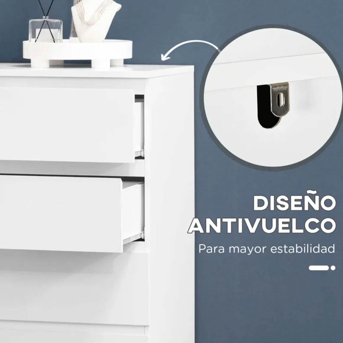 Cómoda Polinesia Homcom 6 cajones blanco 115x80x39 cm