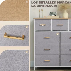 Cómoda Roble Homcom 9 cajones de tela gris 99x100x30 cm
