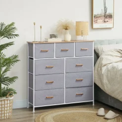 Cómoda Roble Homcom 9 cajones de tela gris 99x100x30 cm
