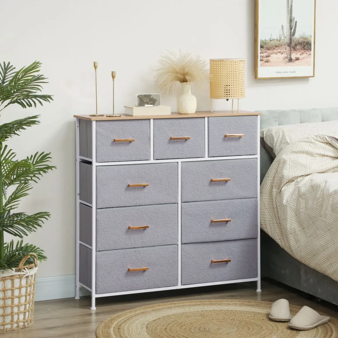 Cómoda Roble Homcom 9 cajones de tela gris 99x100x30 cm