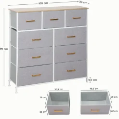 Cómoda Roble Homcom 9 cajones de tela gris 99x100x30 cm