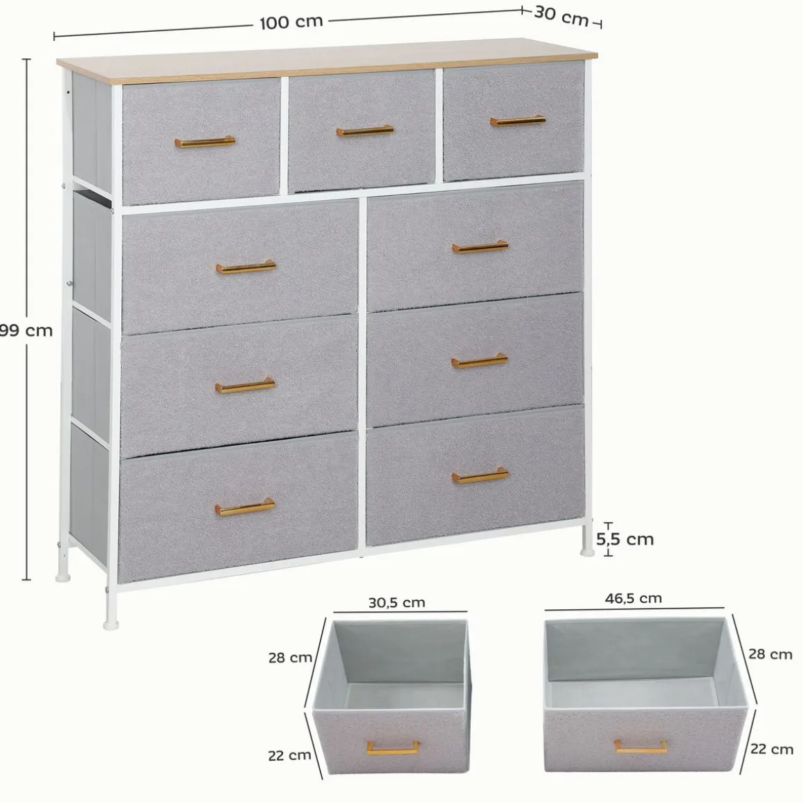 Cómoda Roble Homcom 9 cajones de tela gris 99x100x30 cm