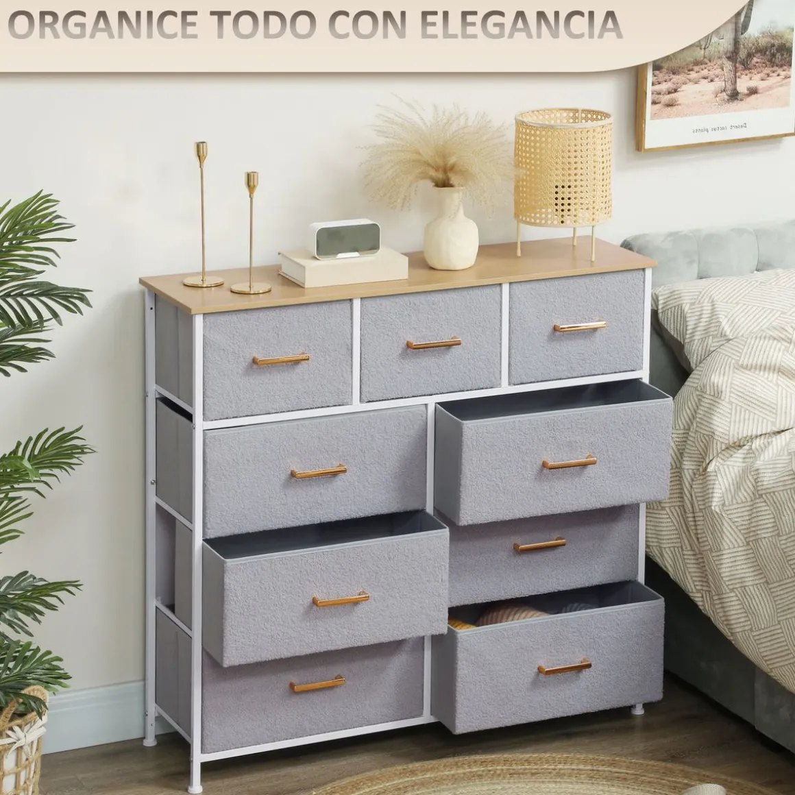 Cómoda Roble Homcom 9 cajones de tela gris 99x100x30 cm