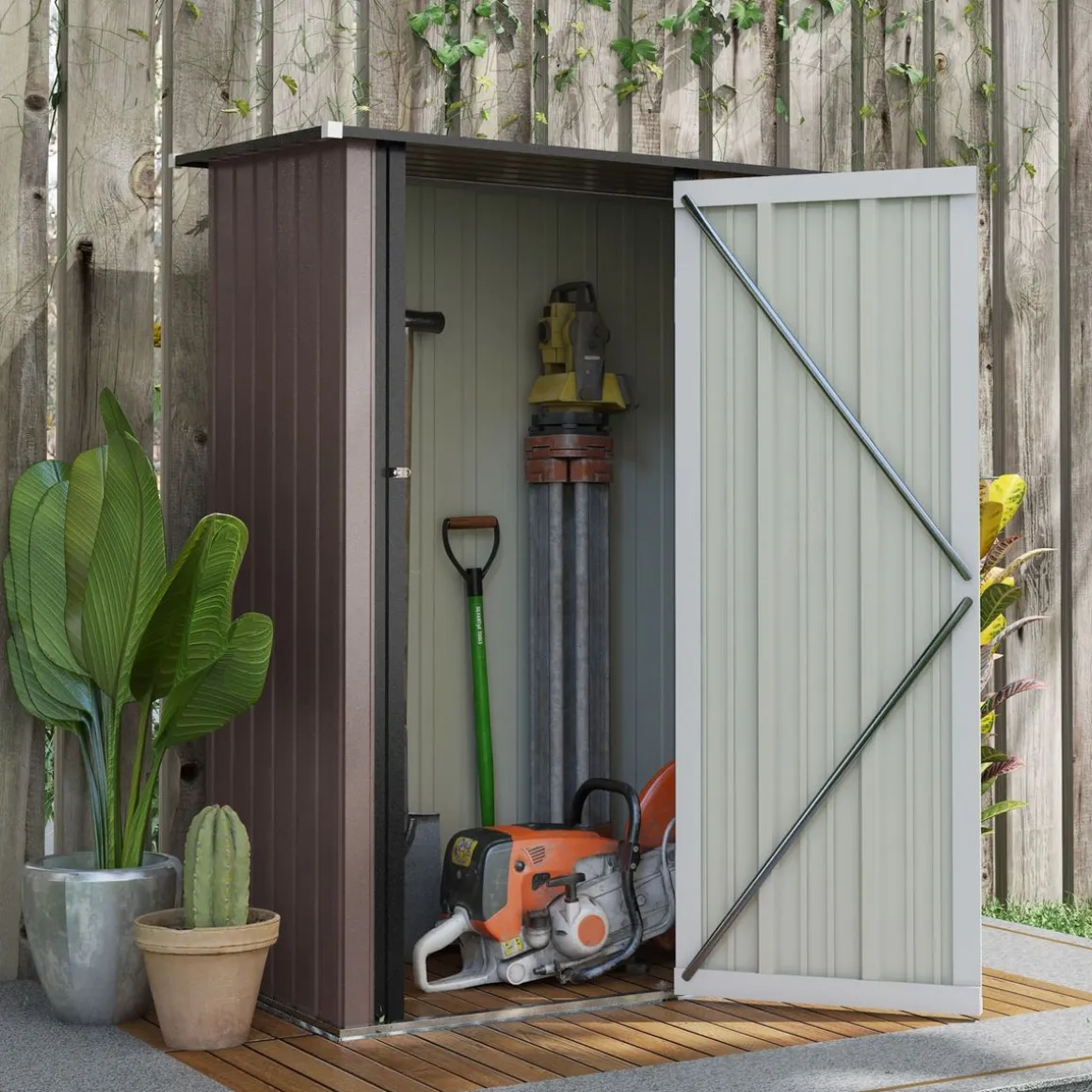Cobertizo de jardín Canadá Outsunny puerta con pestillo + techo inclinado marrón 177-189x142x84 cm